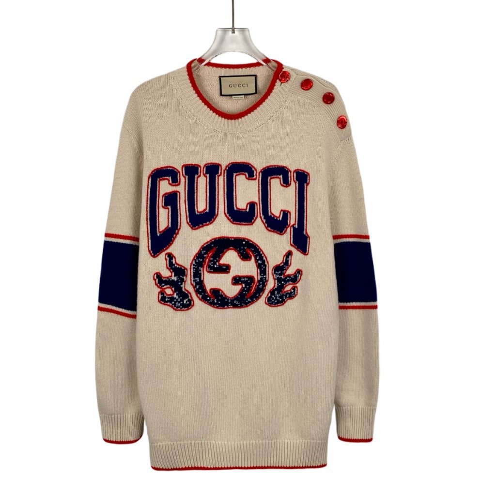 Cw0208 Gucci Beige LogoEmbroidered Wool Sweater